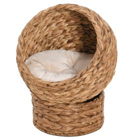 PawHut Wicker Elevated Cat Bed with Soft Cushion Brown Cat Egg Chair Shape Indoor