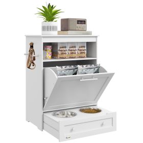 PawHut Pet Feeder Station with Storage, Dog Food Storage Container with 2 Raised Dog Bowls, White