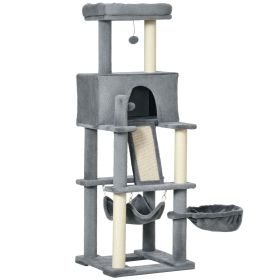 55" Cat Tree for Indoor Cats, Cat Tower, Kitty Activity Center with Cat Bed Ramp Condo Hammocks Hanging Ball Toys Sisal Rope Scratching Post, Gre